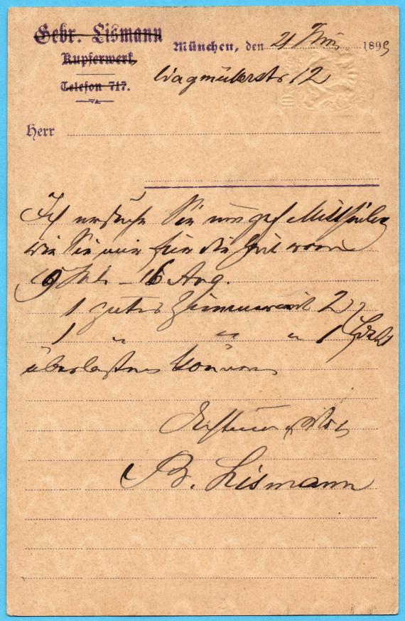 Postcard of a private-business nature from Benjamin Lismann, Munich, Wagmüllerstr.12 - sent on June 21, 1899 - back of card