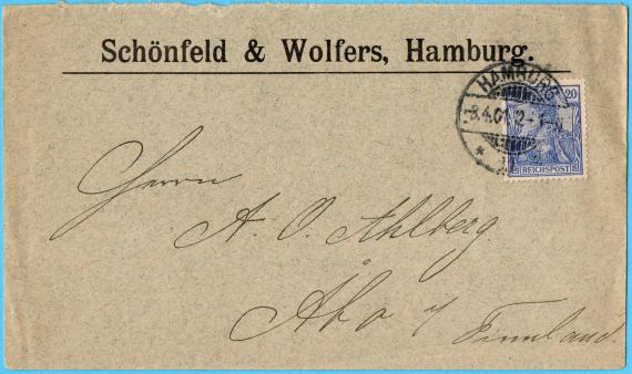 Geschäfts-Briefumschlag " Schönfeld & Wolfers, Hamburg " - versandt an Herrn A. O. Alsfeld in Abo / Finland am 3. April 1904 