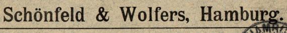 Geschäfts-Briefumschlag " Schönfeld & Wolfers, Hamburg " - versandt an Herrn A. O. Alsfeld in Abo / Finland am 3. April 1904  -  Ausschnittvergrößerung Geschäftsnamen