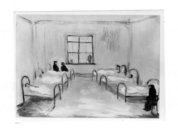 View of a hospital room with six beds and one window