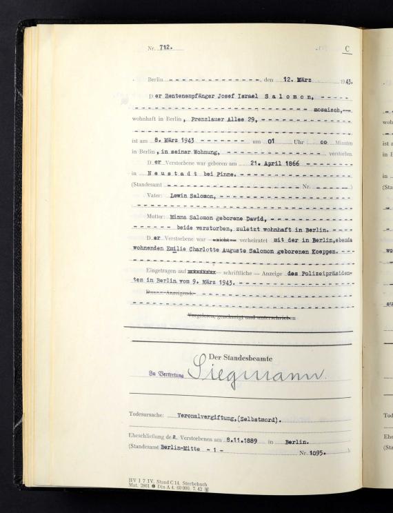 Sterberegister (Zweitregister), darin: Sterberegistereintrag Nr. 712, Josef Salomon, Sterbedatum: 08.03.1943