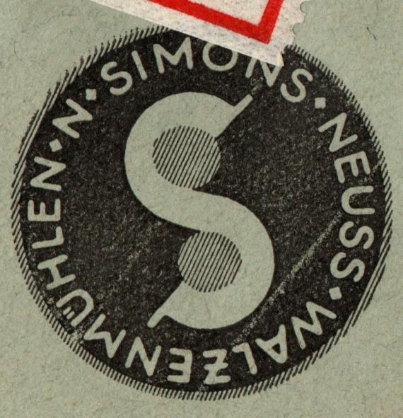 Geschäfts-Briefumschlag " N. Simons, Neuss " - versandt am 13. November 1925 - Ausschnittvergrößerung Firmenlogo