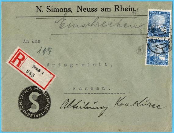 Geschäfts-Briefumschlag " N. Simons, Neuss " - versandt am 13. November 1925 