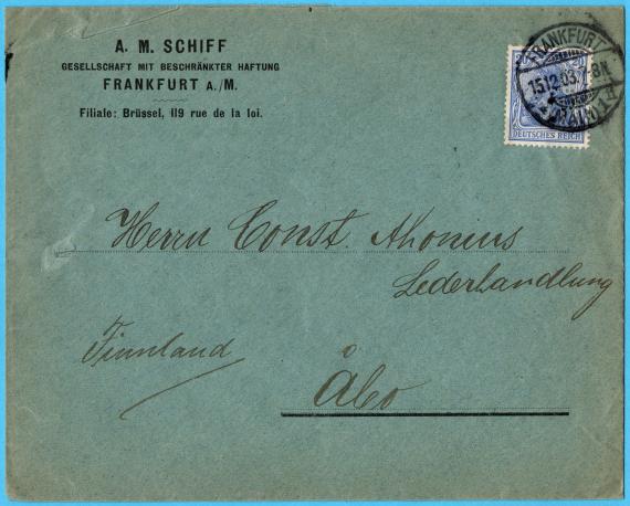 Geschäfts-Briefumschlag der Ledergroßhandlung " A. M. Schiff ", Frankfurt am Main - versandt am 15.12.1902 