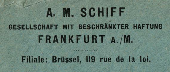 Geschäfts-Briefumschlag der Ledergroßhandlung " A. M. Schiff ", Frankfurt am Main - versandt am 15.12.1902  -  Ausschnittvergrößerung Firmenname