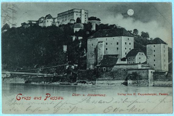 Historical moonlight picture postcard " Greetings from Passau " to Mr. Emil Haimann, Munich, Maximiliansplatz 12/II - sent on July 17, 1898 - view page