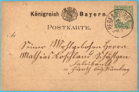 Postkarte geschäftlicher Art an " Seiner Wohlgeboren Herrn Mathias Koschland, Schäftgen Fabrikant " in Fürth bei Nürnberg - versandt am 18. Februar 1877      
                                                                                                                                               (Schäfte  Fabrikant )