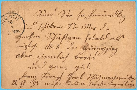 Postcard of a business nature to " Seiner Wohlgeboren Herrn Mathias Koschland, Schäftgen Fabrikant " in Fürth near Nuremberg - sent on February 18, 1877 - back of card (Schäfte Fabrikant )