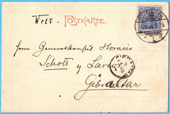 Historical picture postcard - Göttingen - Junkernhaus with Jüdengasse - sent to Gibraltar on November 9, 1904 - Cards - address side