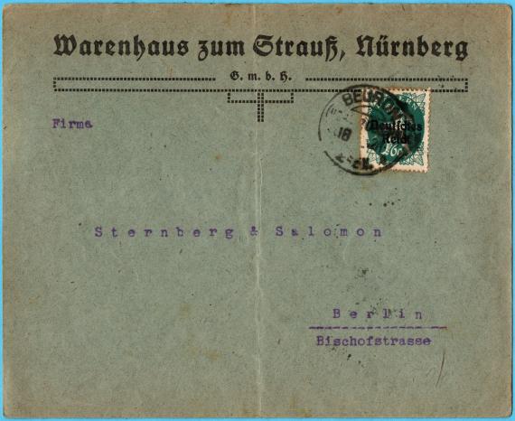 Geschäfts-Briefumschlag " Warenhaus zum Strauß  G.m.b.H., Nürnberg " - versandt am 2. Juli 1920 an die Firma Sternberg & Salomon in Berlin, Bischofstraße  