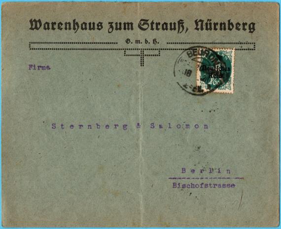 Briefumschlag - Sternberg & salomon Business envelope - Warenhaus zum Strauß G.m.b.H., Nuremberg - sent on July 2, 1920 to the company " Sternberg & Salomon " in Berlin, Bischofstraße