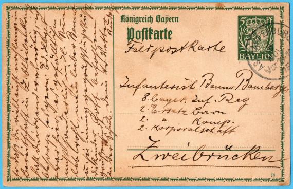 Field postcard to " Infanterist Benno Bamberger ", 8.bayer. Inf. Reg, 2. Ersatz B...., 2. Ersatz Komp., 2. Korporalschaft, Zweibrücken - sent on 3.11.1915