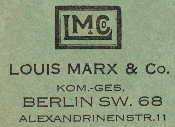 Geschäfts-Briefumschlag " Louis Marx & Co.Kom.-Ges., Berlin SW. 68  Alexandrinenstraße 11  - versandt am 14. Mai 1933  -  Ausschnittvergrößerung Geschäftsadresse