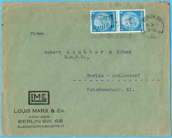 Geschäfts-Briefumschlag " Louis Marx & Co.Kom.-Ges., Berlin SW. 68  Alexandrinenstraße 11"  - versandt am 14. Mai 1933  