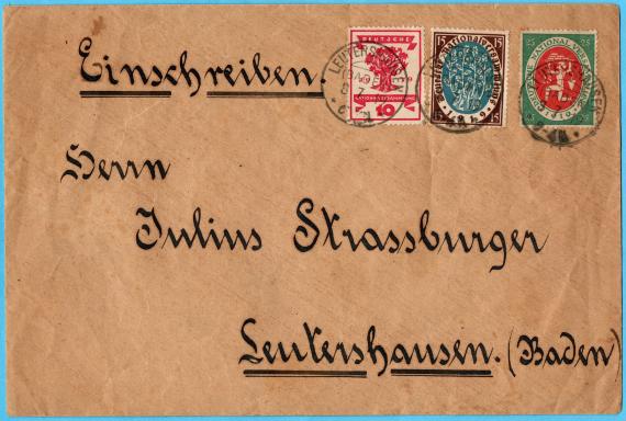 Einschreiben-Briefumschlag an Herrn Julius Strassburger in Leutershausen (Baden) - versandt am 3. Juli 1919