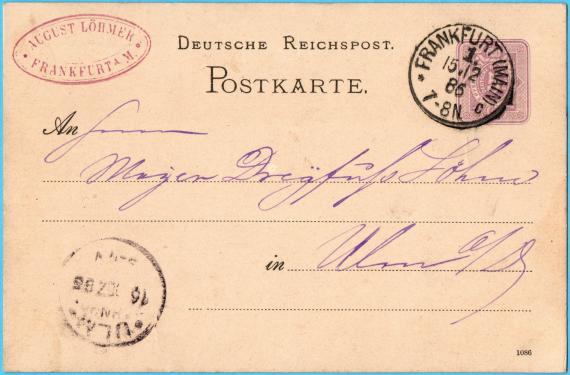 Postkarte geschäftlicher Art an Herren " Mayer Dreifuß Söhne " in Ulm a. D.  -  versandt am 15. Dezember 1886