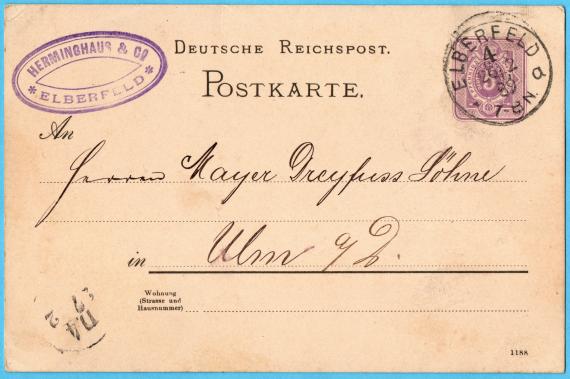 Postkarte geschäftlicher Art an Herren " Mayer Dreifuss Söhne " in Ulm a. D.  -  versandt am 26. Februar 1889 