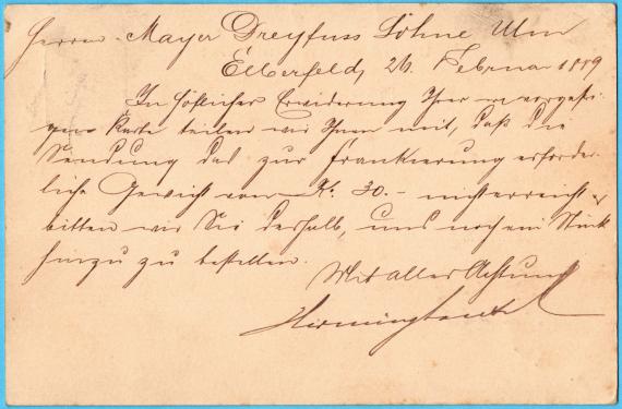 Postcard of a business nature to Messrs " Mayer Dreifuss Söhne " in Ulm a. D. - sent on February 26, 1889 - back of card