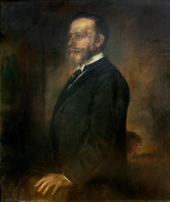 Portrait painting of an elderly man in half-profile against a dark background, one hand resting on a backrest