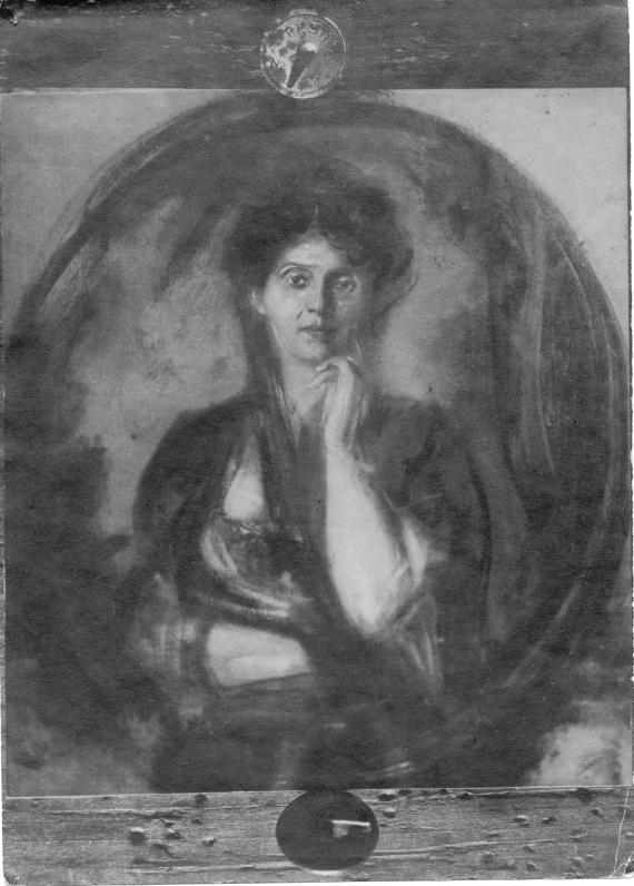 Painted portrait of a middle-aged woman, one hand resting on her chin, her gaze directed towards the viewer