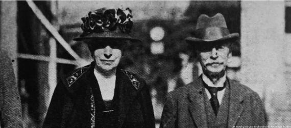 Black and white photograph of an elderly couple in a frontal bust portrait