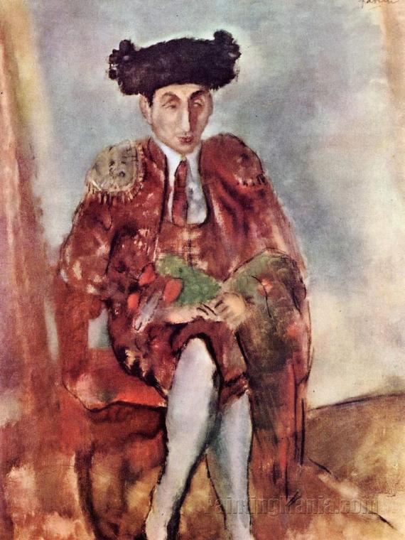 Painting of a seated man in full-body view