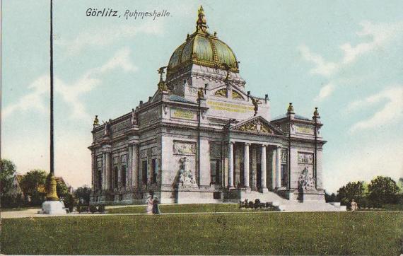 Colored postcard with a view of a freestanding magnificent historical building