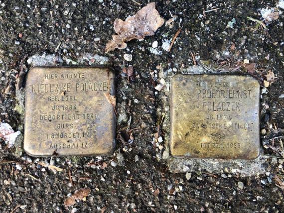 Photograph of two golden memorial stones in the asphalt