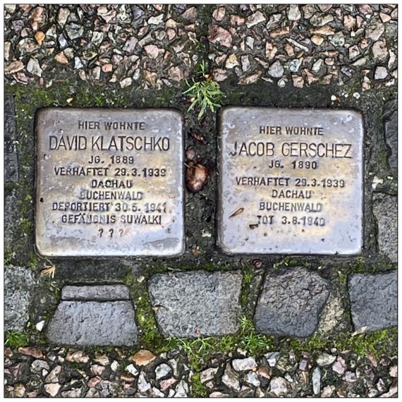 Stolpersteine vor dem jüdischen Schulhaus Im Kreise Nr. 24 - zweckentfremdet als sogenanntes “Judenhaus”