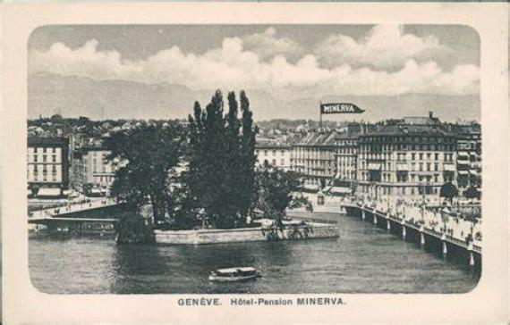 Postcard with black and white photo showing a waterfront promenade