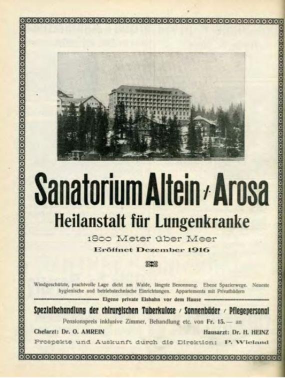Reklame für ein Sanatorium mit Bild und Text