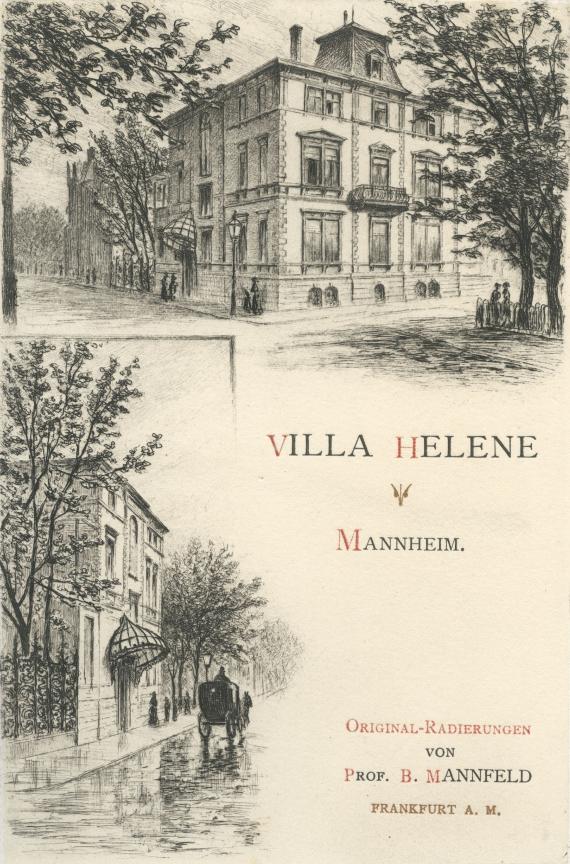 Print with two etchings, plus text, idyllic views of Villa Helene