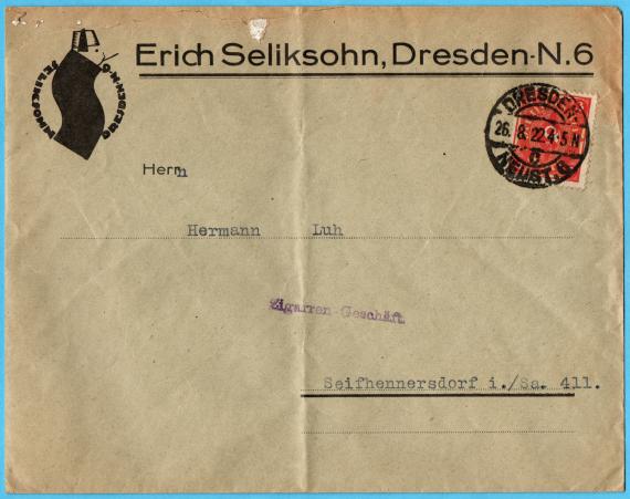 Geschäfts-Briefumschlag " Erich Seliksohn, Dresden - N6 " - versandt am 26. August 1922 