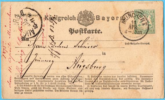 Business postcard from " Ludwig Cohen, Munich " - sent to Augsburg on April 11, 1875