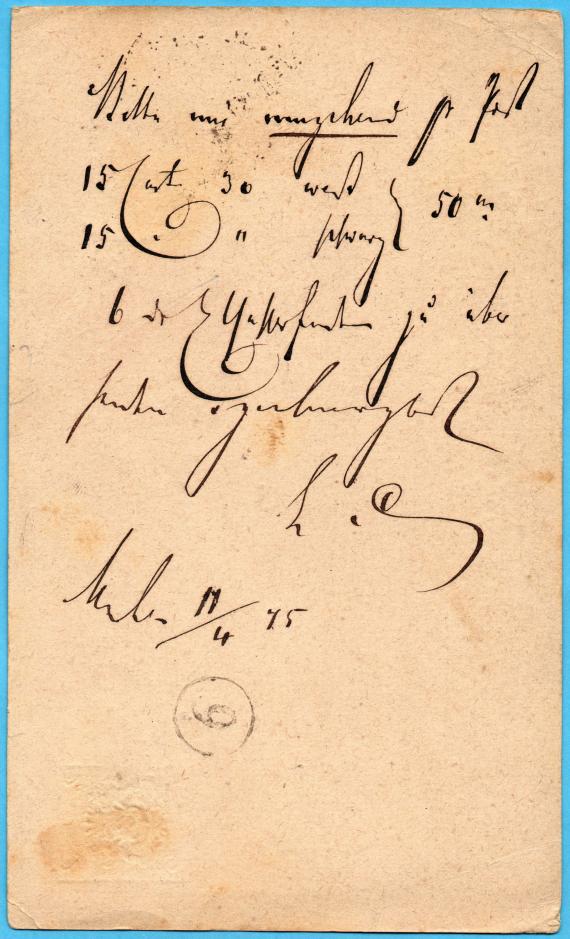 Postkarte geschäftlicher Art von " Ludwig Cohen, München " - versandt am 11. April 1875  nach Augsburg - Kartenrückseite mit Briefträgerstempel