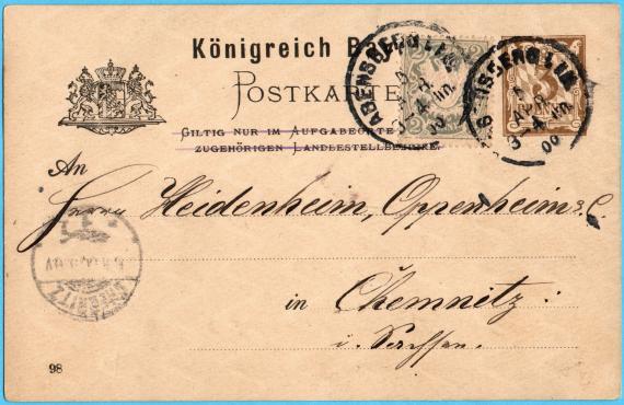 Postkarte geschäftlicher Art an Herrn " Heidenheim, Oppenheim & Co. " in Chemnitz, Sachsen - versandt am 5. April 1900 