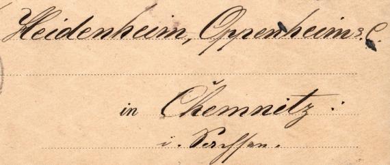 Postkarte geschäftlicher Art an Herrn " Heidenheim, Oppenheim & Co. " in Chemnitz, Sachsen - versandt am 5. April 1900 - Ausschnittvergrößerung Firmenanschrift