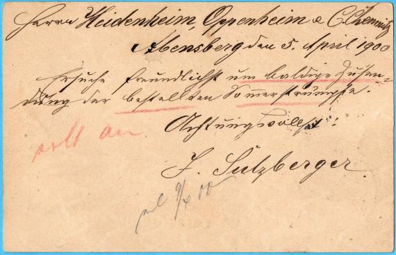 Postkarte geschäftlicher Art an Herrn " Heidenheim, Oppenheim & Co. " in Chemnitz, Sachsen - versandt am 5. April 1900 - Kartenrückseite