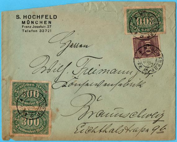 Briefumschlag von " S. Hochfeld, München,  Franz-Joseph-Straße 27 " - versandt am 2. August 1923 