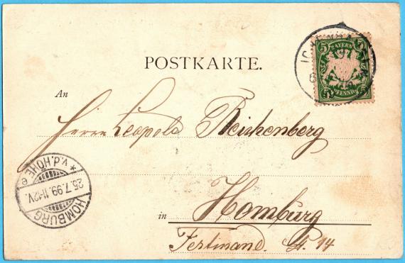 Historical picture postcard - Greetings from Ichenhausen - sent on July 23, 1899 to Mr. " Leopold Reichenberg " in Homburg, Ferdinand-Str. 14 - card address page