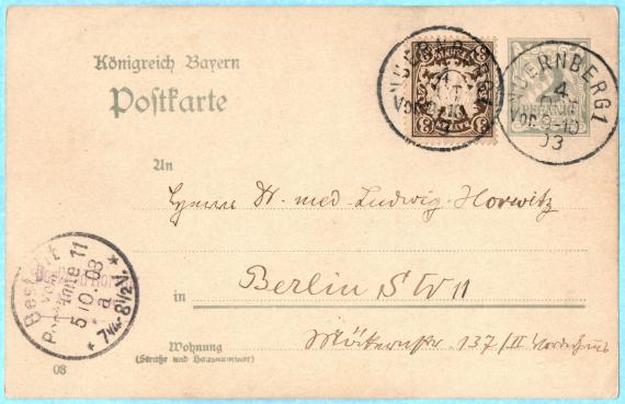 Postkarte an Herrn " Dr. med. Ludwig Horwitz ", Berlin SW 11, Möckernstraße 137/II -  versandt am 4. Oktober 1903 von Nürnberg