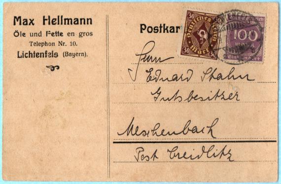 Geschäfts-Postkarte " Max Hellmann, Öle und Fette en gros, Lichtenfels " - versandt am 19. Juli 1923 