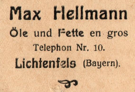 Geschäfts-Postkarte " Max Hellmann, Öle und Fette en gros, Lichtenfels " - versandt am 19. Juli 1923  - Ausschnittvergrößerung Firmenname