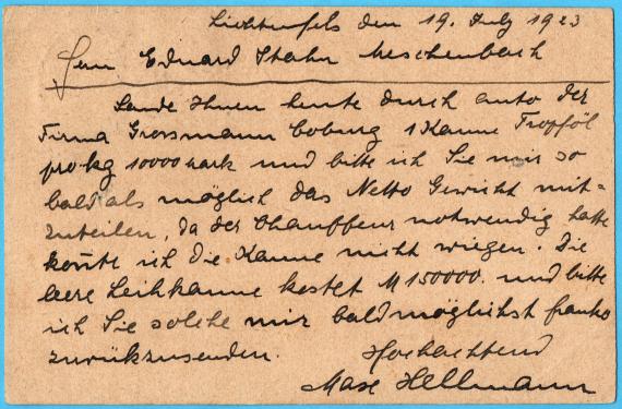 Geschäfts-Postkarte " Max Hellmann, Öle und Fette en gros, Lichtenfels " - versandt am 19. Juli 1923  -  Kartenrückseite