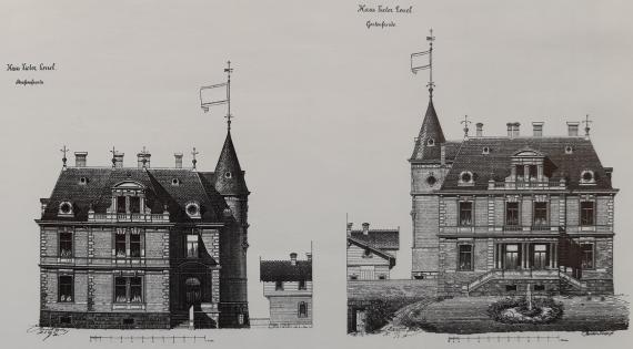 Schwarz-Weiß Bild. Ansicht der Villa Viktor Lenel von vorne und von hinten. 