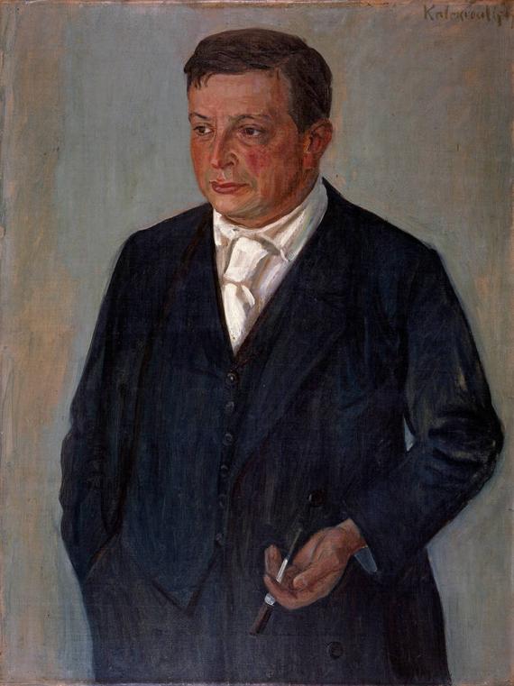 Painting of a man looking thoughtfully to the side. He is holding a pipe loosely in his hand.