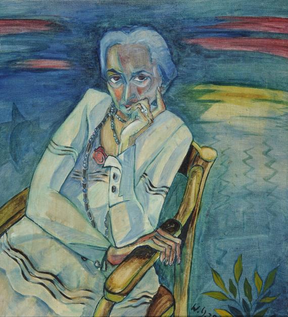 Colorful oil painting of an elderly woman sitting on a chair