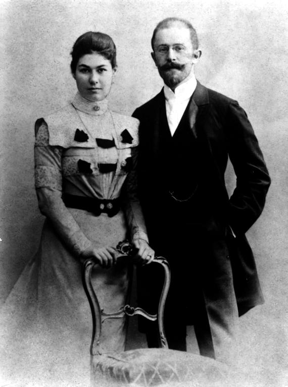 Black and white portrait. Wedding picture of a married couple.