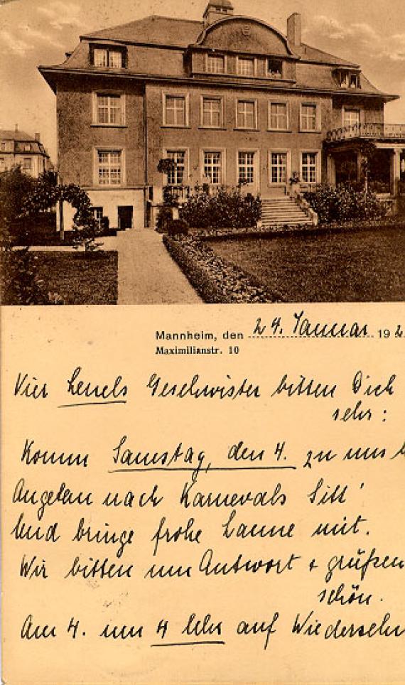 Postcard with villa in the picture. And text.