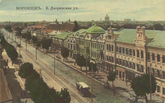 Colored postcard of a street view with an avenue of trees